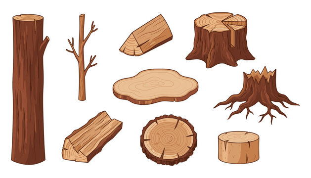 Cartoon wooden logs tree stumps and firewood pieces vector collection set isolated on a white background