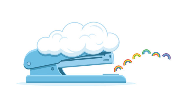 Creative rainbow stapler with fluffy cloud top emitting colorful staples in a modern flat vector illustration for office productivity and whimsical branding