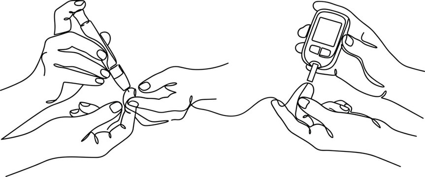 Blood glucose testing process illustration showing lancing and meter reading for diabetes management.