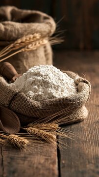 a rustic wooden table with a burlap sack overflowing with flour. The sack is made of jute cloth and has a wooden handle. A wooden spoon rests beside the sack. The table has a weathered.