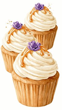 a watercolor painting depicts three cupcakes. Each cupcake has a swirl of creamy white frosting topped with a drizzle of caramel sauce. A single purple flower adorns the frosting.