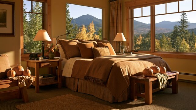 a serene and inviting atmosphere. The main subject is a cozy bedroom with a large window overlooking a picturesque mountainous landscape. The room features warm, earthy tones browns, beiges.