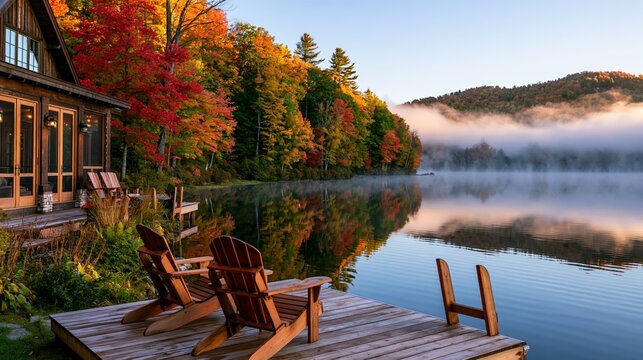 a tranquil lakeside scene. A wooden cabin with large glass windows and a dark roof sits on a wooden dock, overlooking a calm lake. Two Adirondack chairs are placed on the dock, facing the lake.