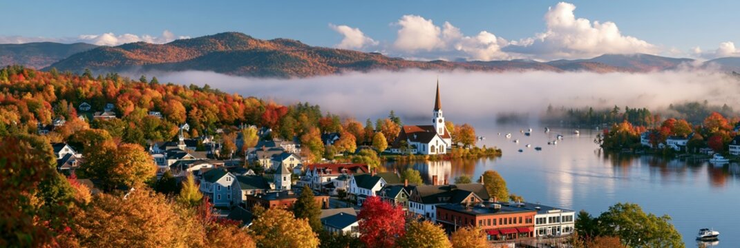 a picturesque town nestled on a lake surrounded by a dense forest of vibrant fall foliage. The town features a mix of traditional and modern architecture, including a church with a steeple.