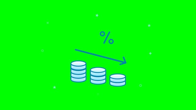 Animated icon of decreasing interest rates and falling profits with coin stacks and arrow on green screen background