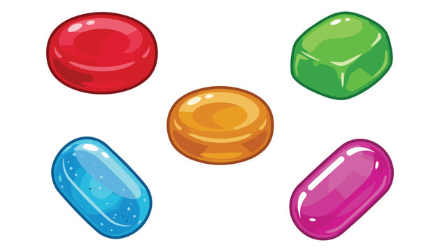 Set of colorful glossy hard candy sweets including red green orange blue and purple drops flat vector illustration