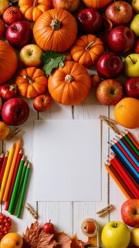 a white wooden surface. The main subject is a collection of apples, oranges, pumpkins, and pencils in red, green, yellow, and orange hues. A blank white sheet of paper is positioned in the center.