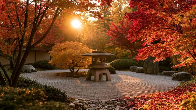 a serene Japanese garden during autumn. The main subject is a stone lantern, positioned in the center of a circular zen garden bed.