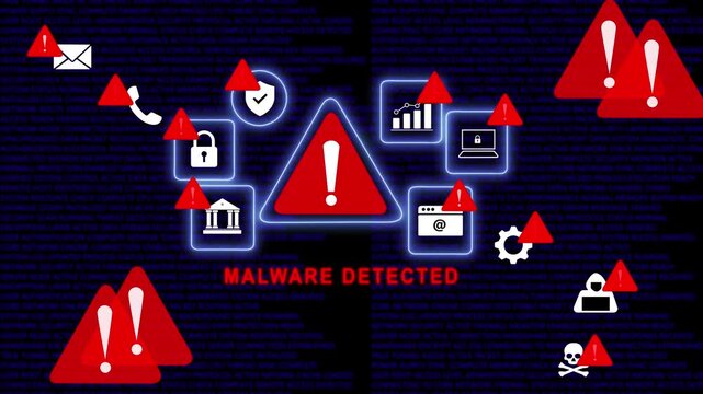 Cybersecurity alert motion featuring malware detected warning sign with digital data stream background, red warning triangles, hacker and network security breach symbols for tech presentations