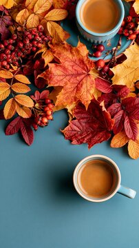 a flat lay composition features two cups of tea surrounded by autumn leaves and berries. The leaves are vibrant red, orange, and yellow, and the berries are a deep red. The background is a solid teal.