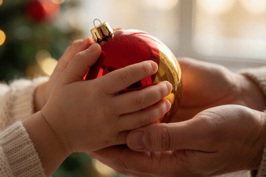 Two hands, a childs and an adults, carefully holding a shiny red and gold Christmas ornament.