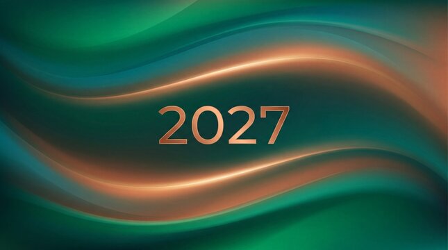 Elegant golden 2027 text design centered on a smooth abstract background with flowing waves of emerald green and warm copper light