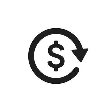 Black financial refund icon with dollar symbol and circular arrow.