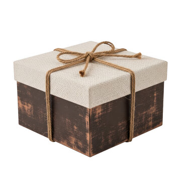 Rustic square gift box with textured lid and twine bow isolated on transparent background