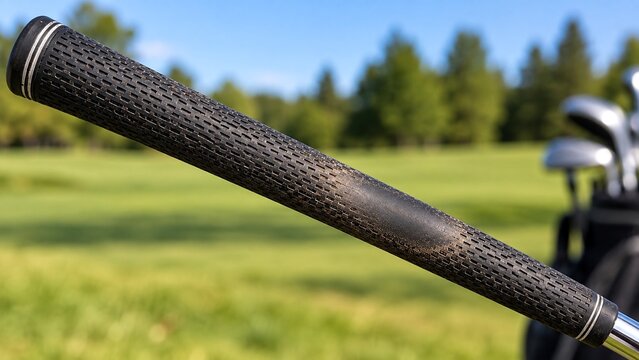 Macro close-up of generic golf club grip showing heavily worn smooth section where textured pattern has disappeared, realistic sporting-equipment wear