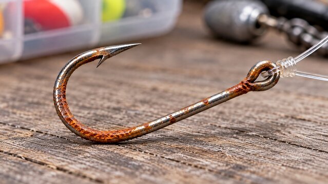 Macro close-up of ordinary fishing hook showing early surface rust around bend and eye while tackle remains otherwise usable, realistic fishing gear maintenance problem