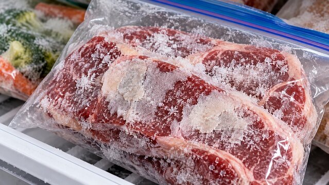 Close-up of frozen food inside clear generic freezer bag showing obvious pale dry patches, frost crystals and ice accumulation, realistic freezer-burn food-storage problem