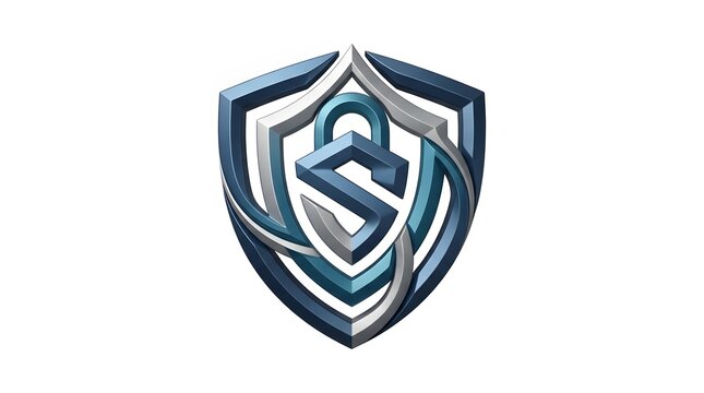Metallic Blue Security Shield Logo with Letter S Padlock Icon for Cyber Security and Data Protection