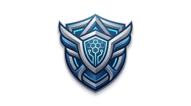 Futuristic Cyber Security Shield Logo with Metallic Blue Wings and Digital Circuitry for Tech Protection and Digital Defense