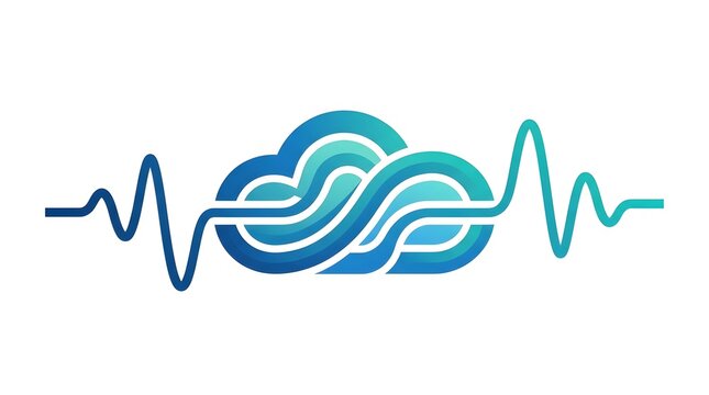 Abstract cloud icon integrated with sound wave and pulse frequency line for digital technology and audio streaming logo