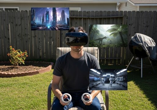 Man wearing VR headset with controllers sitting on backyard patio chair. Floating scenes of futuristic city, dinosaur jungle and spaceship corridor. Virtual reality gaming and immersive