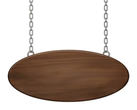 Blank oval wooden sign hanging from metal chains isolated on white background