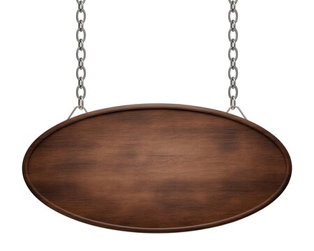 Oval wooden sign hanging on two metal chains isolated on white background