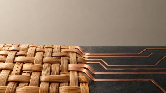 Seamless Transition from Natural Woven Texture to Modern Copper Circuit Board Lines Symbolizing Integration of Organic and Digital Worlds