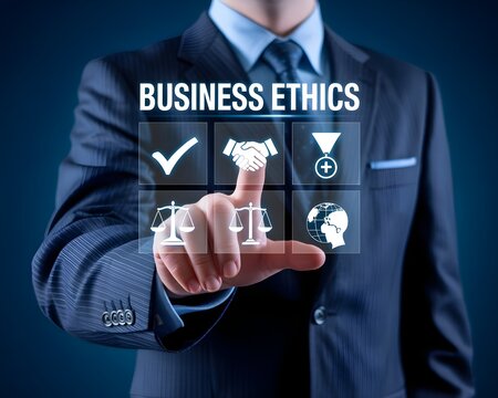 A professional businessman in a suit pointing at a digital interface displaying business ethics concepts and icons representing integrity, fairness, and global responsibility