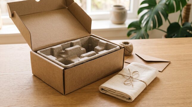 Open cardboard shipping box with molded pulp insert on a wooden table