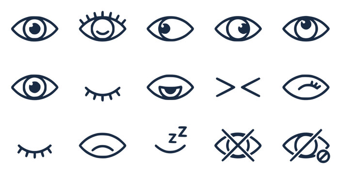 Grid of fifteen minimalist eye icons arranged in three row set with simple line art design featuring outline, illustration, graphic elements with clean design and vector art