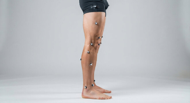 Side profile of human leg during extension with retroreflective motion capture markers on skin for biomechanical analysis