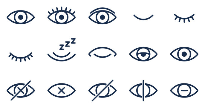 Grid of fifteen minimalist eye icons arranged in three row set with simple line art design featuring outline, illustration, graphic elements with clean design and vector art