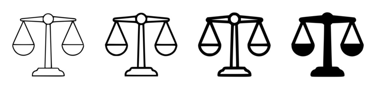 Set of four minimalist vector icons of a balance scale set with simple line art design featuring simple design, minimalist, black and white with illustrations and graphics