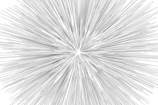 Black radial speed lines bursting from center on white background. Monochrome comic style zoom effect with thin sharp rays creates an explosive abstract motion pattern. Dynamic vector starburst design