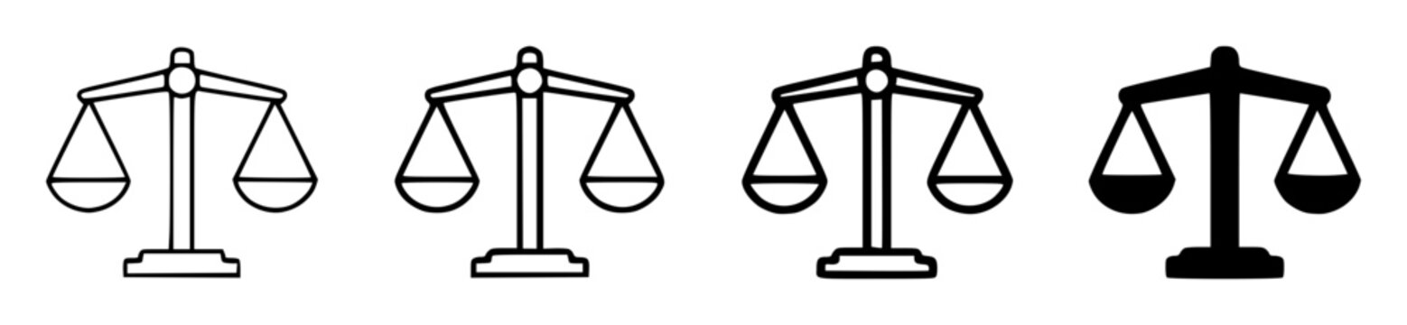 Set of four minimalist vector icons of a balance scale set with simple line art design featuring sketches, drawings, vector graphics with minimalist and simple illustrations