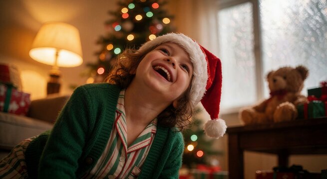 Joyful moment of a child opening presents on Christmas morning, captured with a heartwarming low-angle perspective.