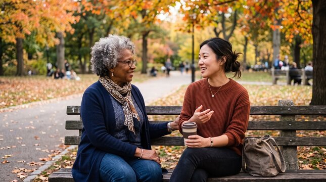 Two women of different ages and ethnicities talking on a park bench in autumn