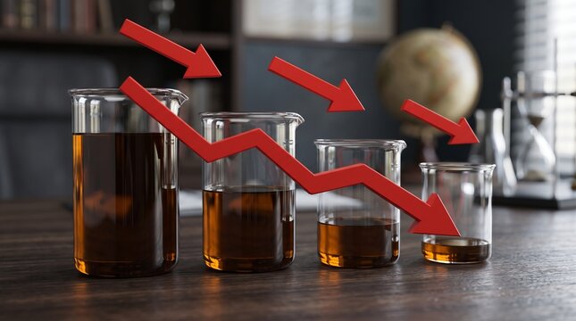 Oil price decline represented by beakers and red downward trend arrow