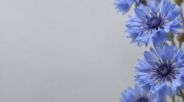 Blue Cornflowers on a Light Grey Background with Copy Space