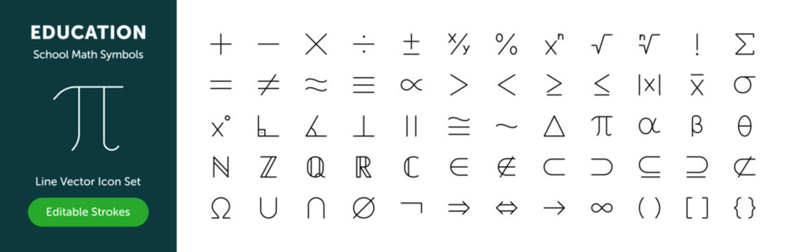 School math symbols line icon set. Arithmetic, algebra, geometry, statistics, logic and set theory signs with Greek letters for K-12 education. Editable stroke vector