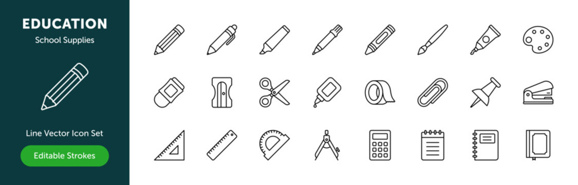 School supplies line icon set with pencil, pen, marker, paint, scissors, ruler, protractor, compass, calculator and notebook. Stationery for back to school and K-12 education. Editable stroke vector
