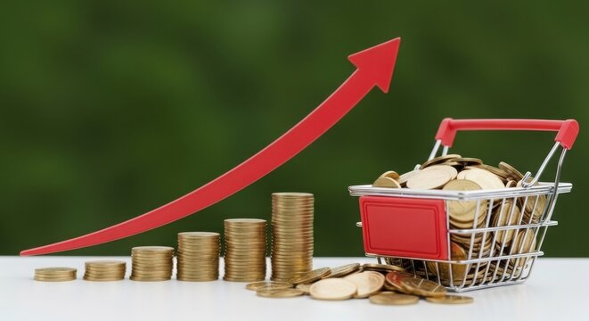 Shopping basket full of gold coins with a rising red sales arrow illustration