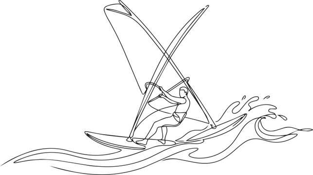 Person windsurfing on a wave line drawing
