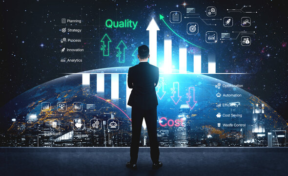 Businessman Analyzing Growth Strategies with Graphs and Data Charts in Space Environment with Focus on Quality and Cost Optimization Metrics. Bitwise.