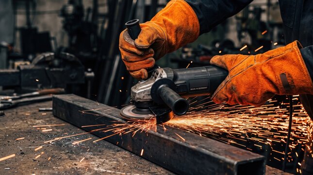 Metal worker using angle grinder on steel beam with sparks flying