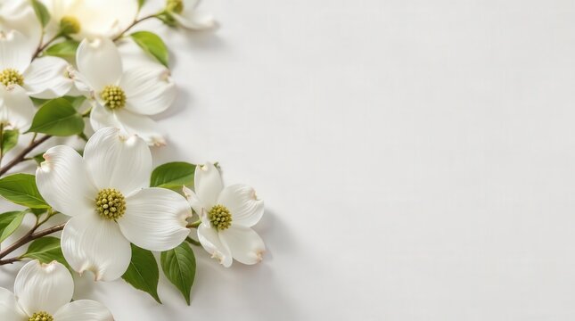 White Dogwood Flowers with Copy Space on Bright Background