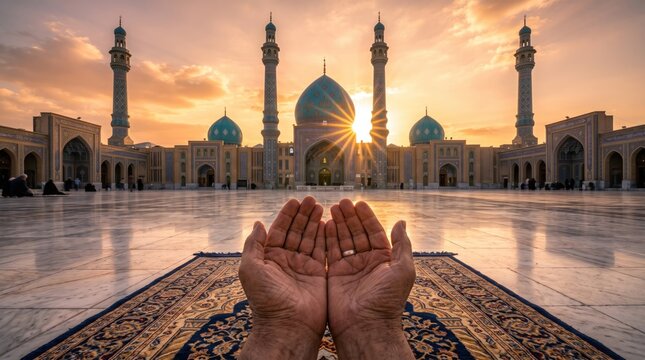 Person praying with open hands at a mosque during sunset