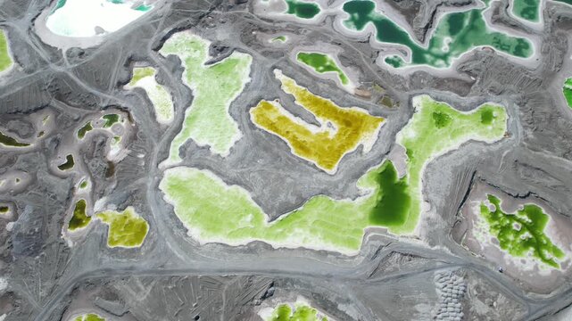 Aerial view of colorful salt lakes in Da Qaidam, Qinghai, China