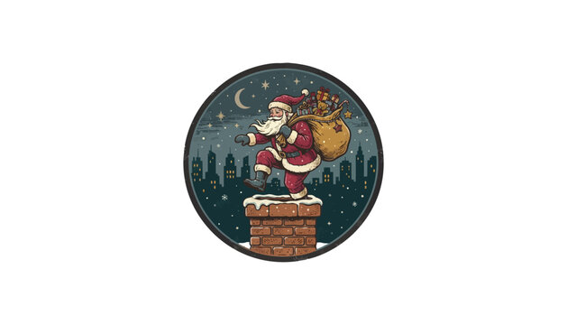  Cartoon Santa Claus with sack of gifts entering chimney on rooftop at night vector illustration isolated on white